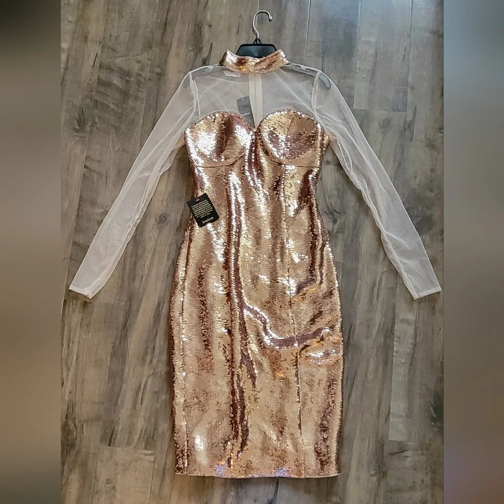 Bebe Rose Gold Sequin Bustier Mock Neck Dress - Picture 3 of 3